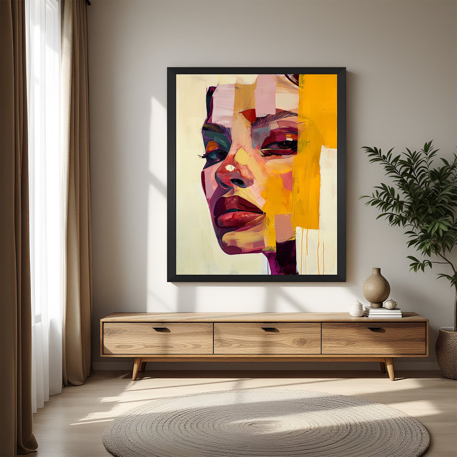 Colorful abstract woman portrait hand painting in black floater frame | Modern canvas wall art