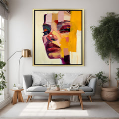 Colorful abstract woman portrait hand painting in golden floater frame | Modern canvas wall art