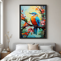 Bird on a branch canvas artwork with black floater frame, perfect for modern nature-inspired interiors