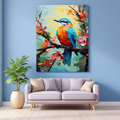 Canvas wall art of a colorful bird perched on a branch, ideal for bright and cheerful home or office decor