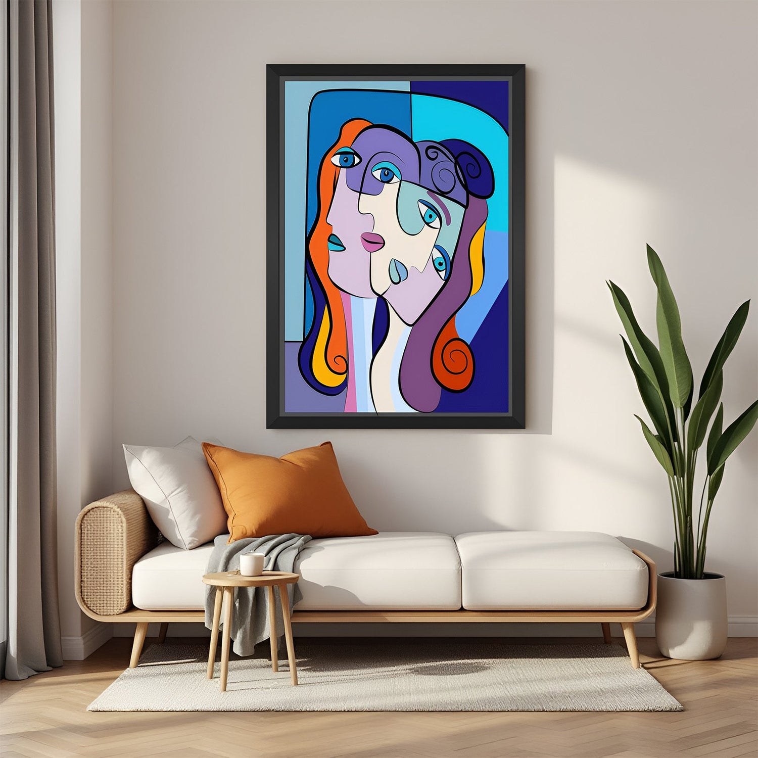 Black frame cubism face wall art – colorful abstract faces in Picasso-inspired style on canvas for bold wall decor