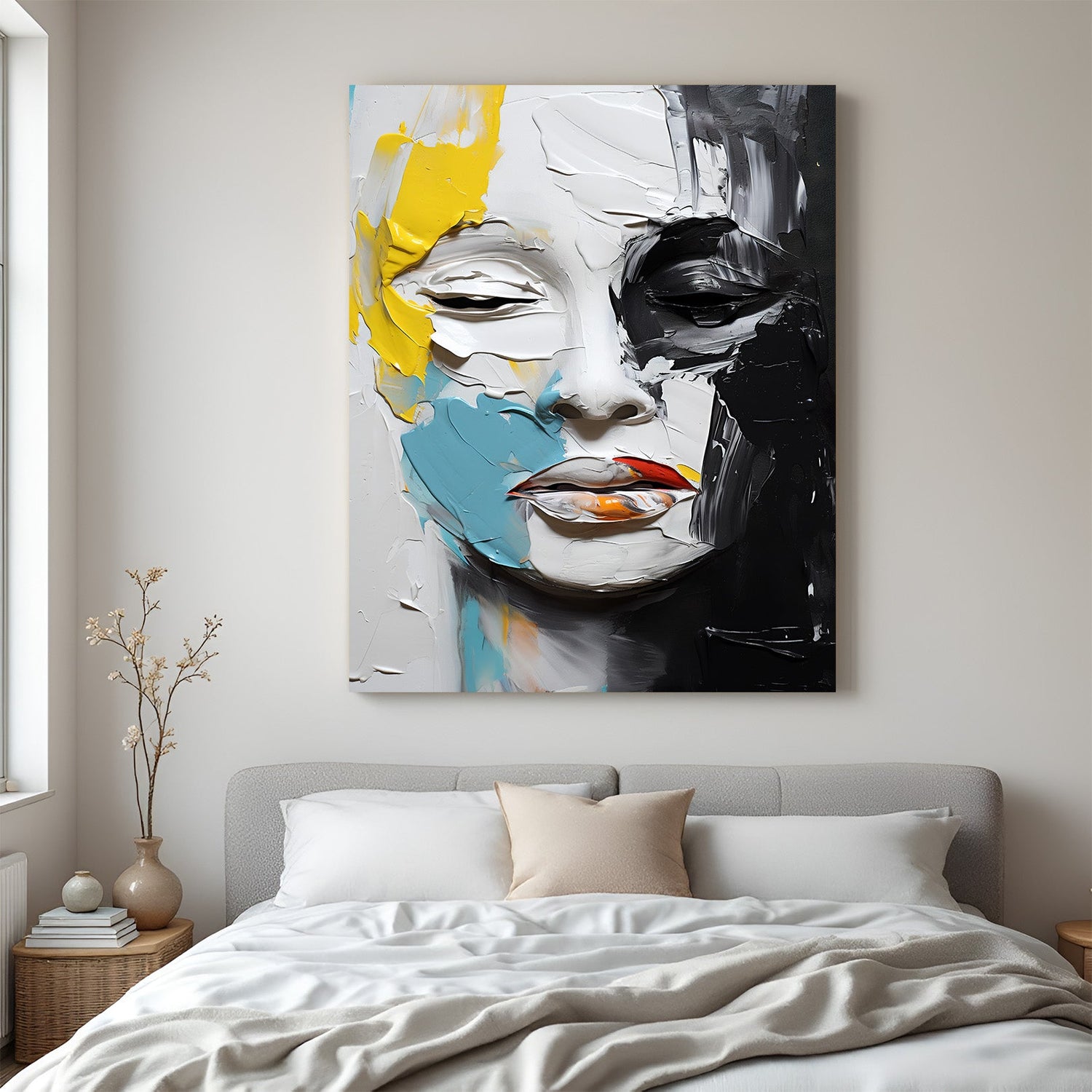 Abstract canvas wall art of a human face painted in multiple colors – expressive modern decor in bold artistic style