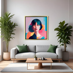 Golden frame vibrant female abstract canvas art – colorful face wall decor in expressive painted modern look