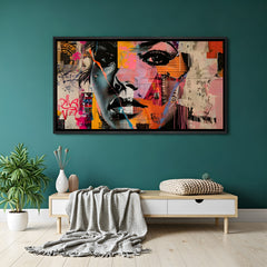 Colorful female portrait modern wall art in elegant black floater frame with bold artistic color expression