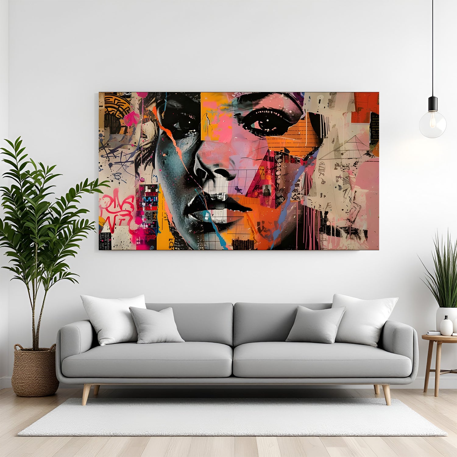 Colorful female face modern art canvas wall painting in canvas wrapped frame with vibrant expressive portrait design