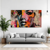 Colorful female face modern art canvas wall painting in canvas wrapped frame with vibrant expressive portrait design