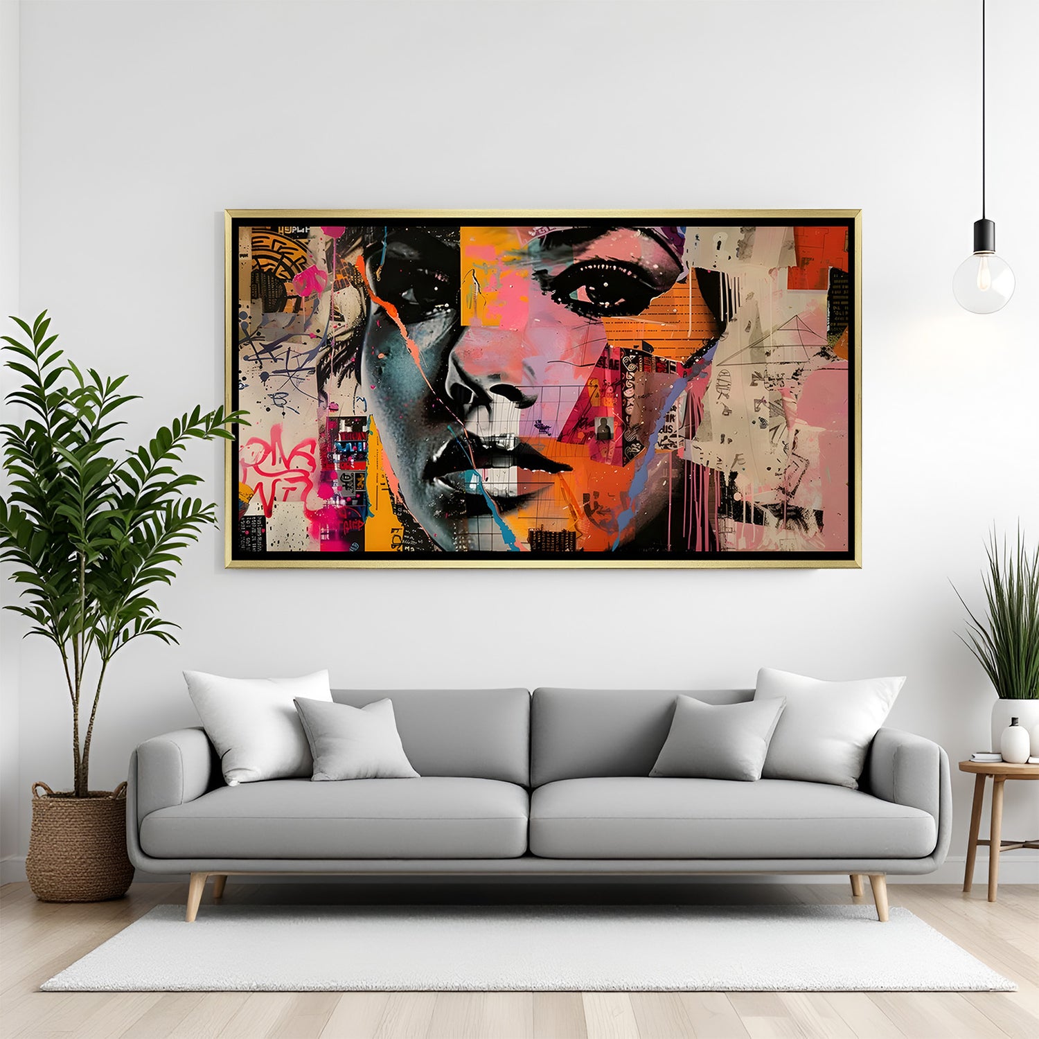 Modern colorful female face canvas art in white floater frame ideal for bright and minimal interiors
