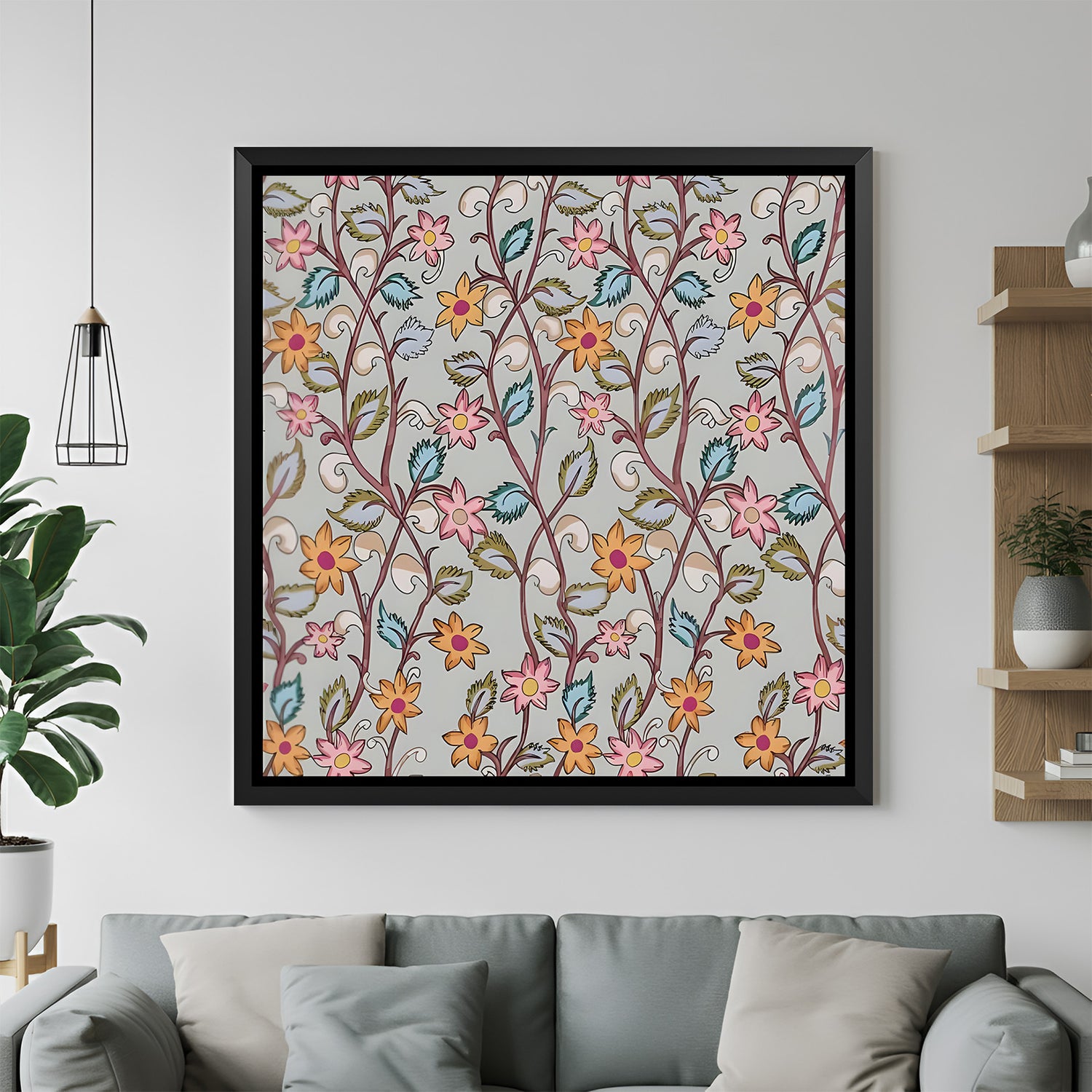 Colorful floral Kalamkari wall painting in elegant black floater frame for artistic interiors