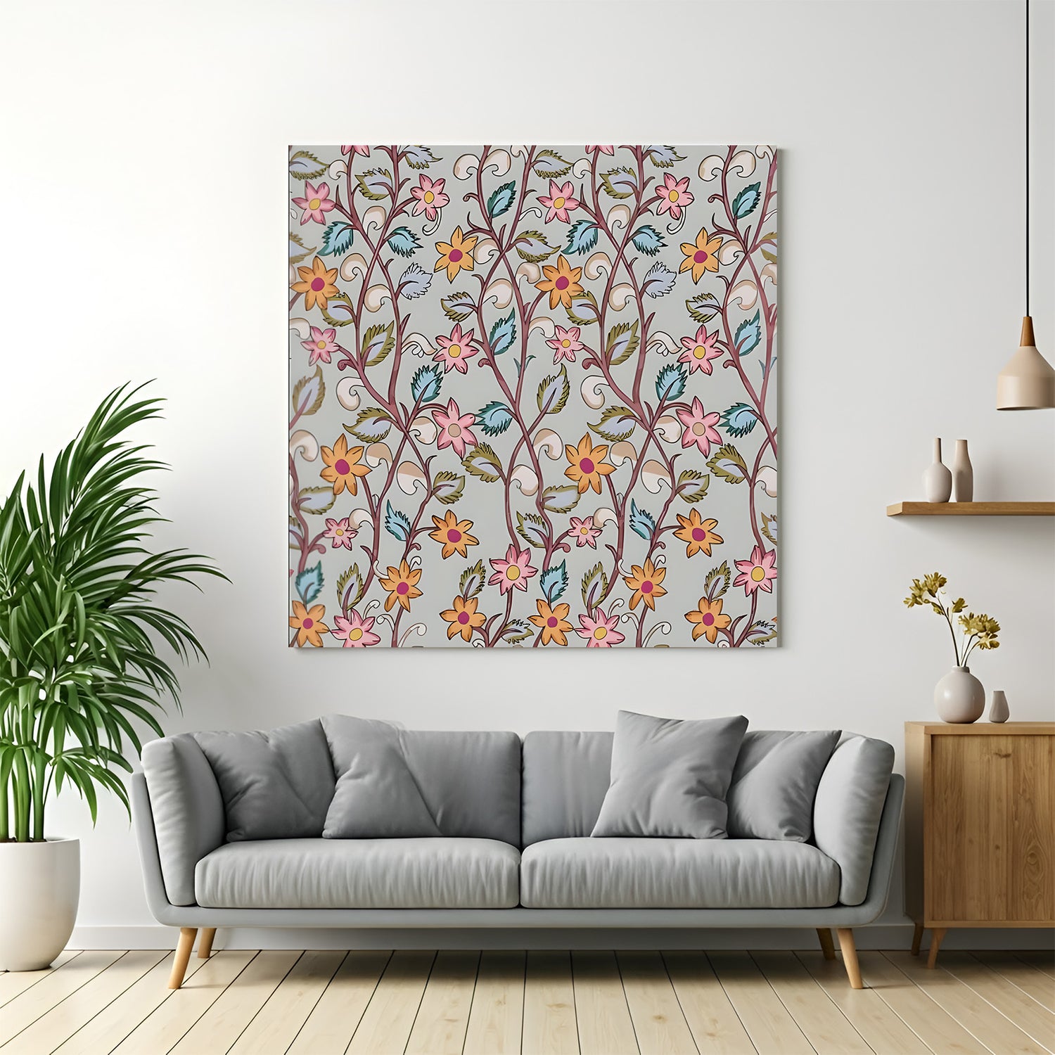 Colorful floral Kalamkari canvas wall art in premium canvas wrapped frame with vibrant botanical detailing