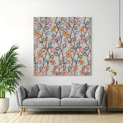 Colorful floral Kalamkari canvas wall art in premium canvas wrapped frame with vibrant botanical detailing