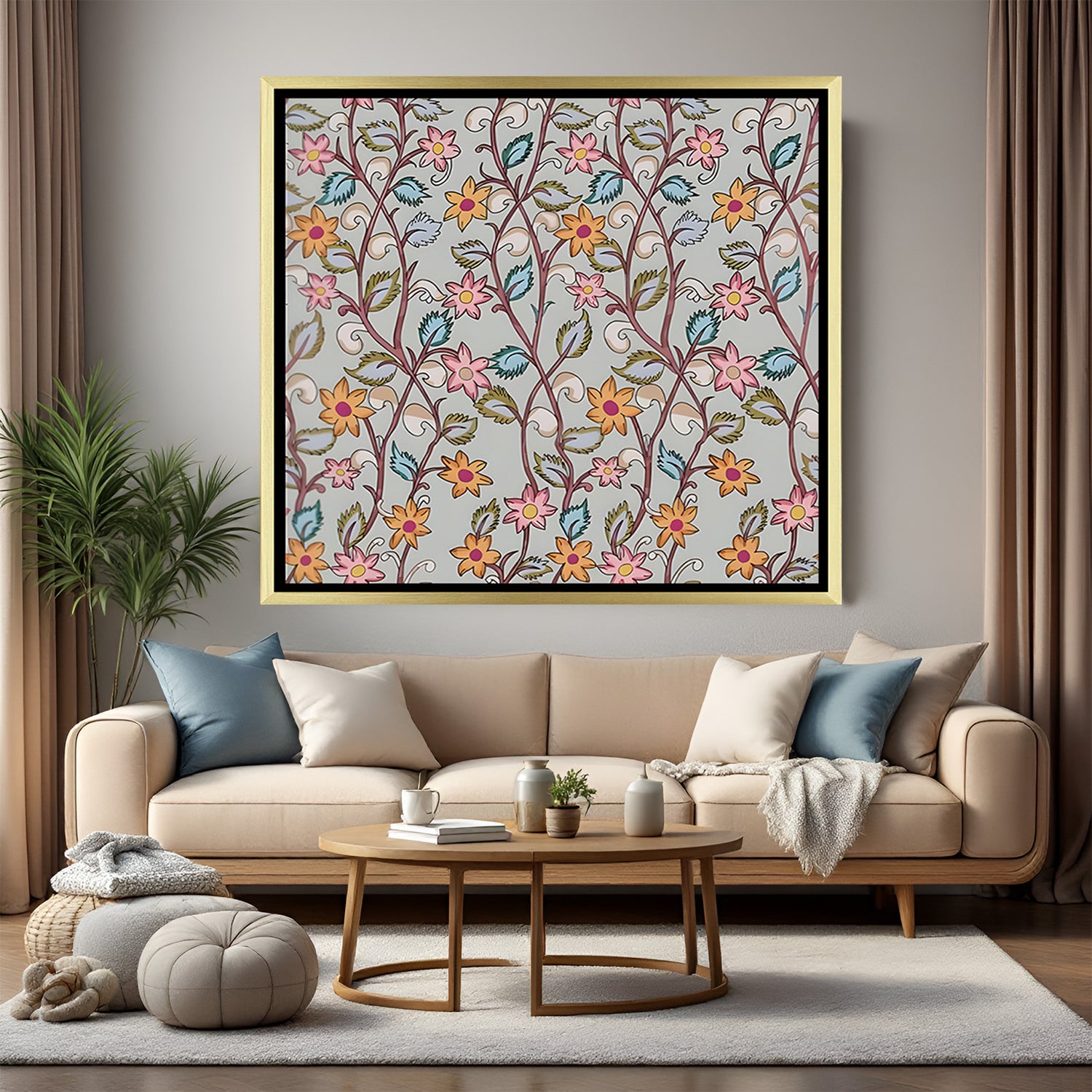 Luxury colorful floral Kalamkari artwork in golden floater frame with intricate traditional design