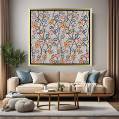 Luxury colorful floral Kalamkari artwork in golden floater frame with intricate traditional design