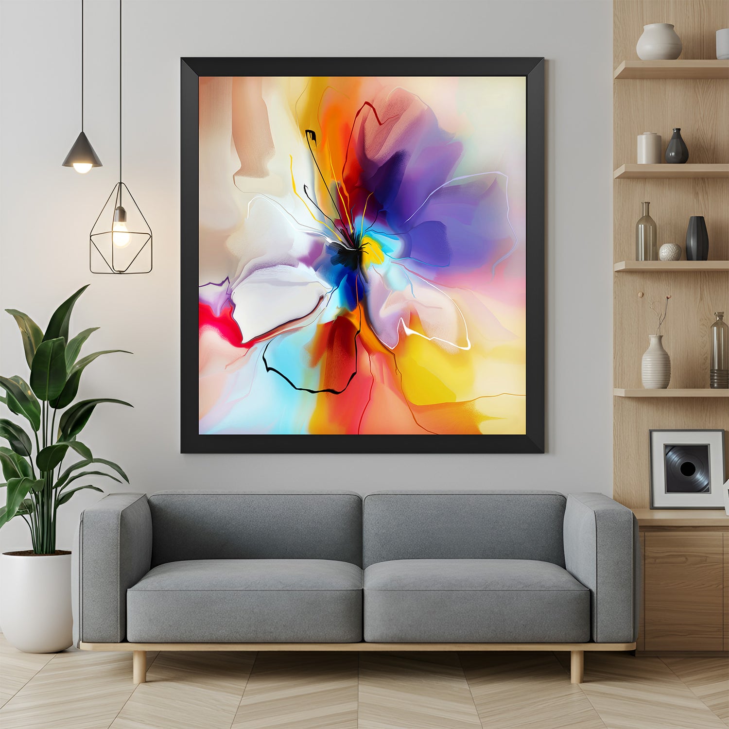 Colorful flower and butterfly canvas print with black floater frame – abstract wall art