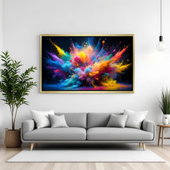 Golden floater framed canvas featuring colorful Holi abstract explosion, ideal for modern Indian homes and vibrant festival-inspired wall decor.