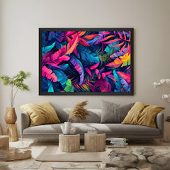Modern canvas of colorful jungle leaves in a black frame, featuring elegant botanical elements for refined and contemporary interior styling