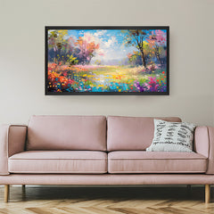 Colorful Landscape Hand Painting Nature Canvas Wall Art in Black Floater Frame