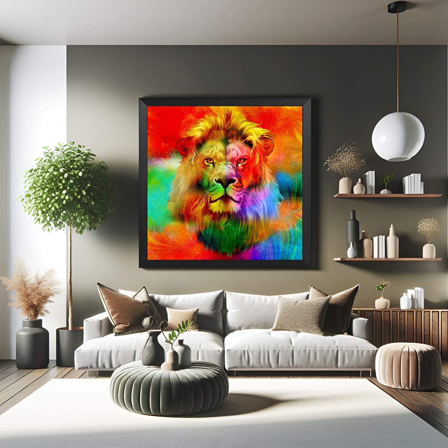Striking lion wall art with black frame, featuring colorful brushstrokes in a fierce modern style—perfect for bold and expressive interiors