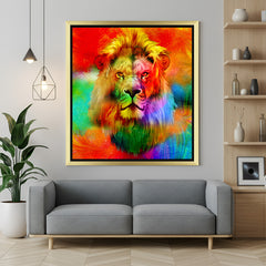 Golden frame lion canvas print with a multicolored painted lion face, radiating strength and vivid energy for modern wall decoration