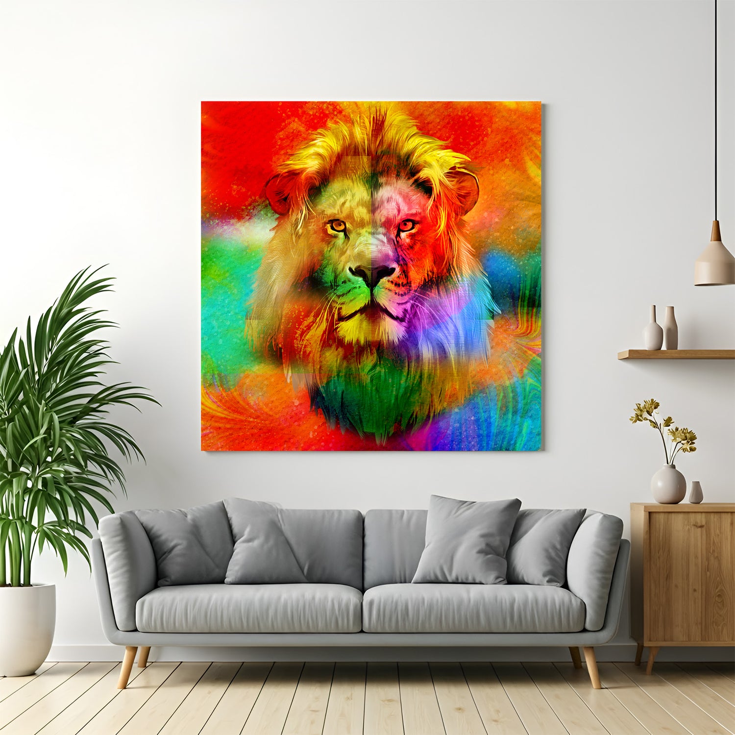 Multicolor lion face in bold modern art style, vibrant canvas print with splashed reds, blues, yellows, and purples for powerful wall decor