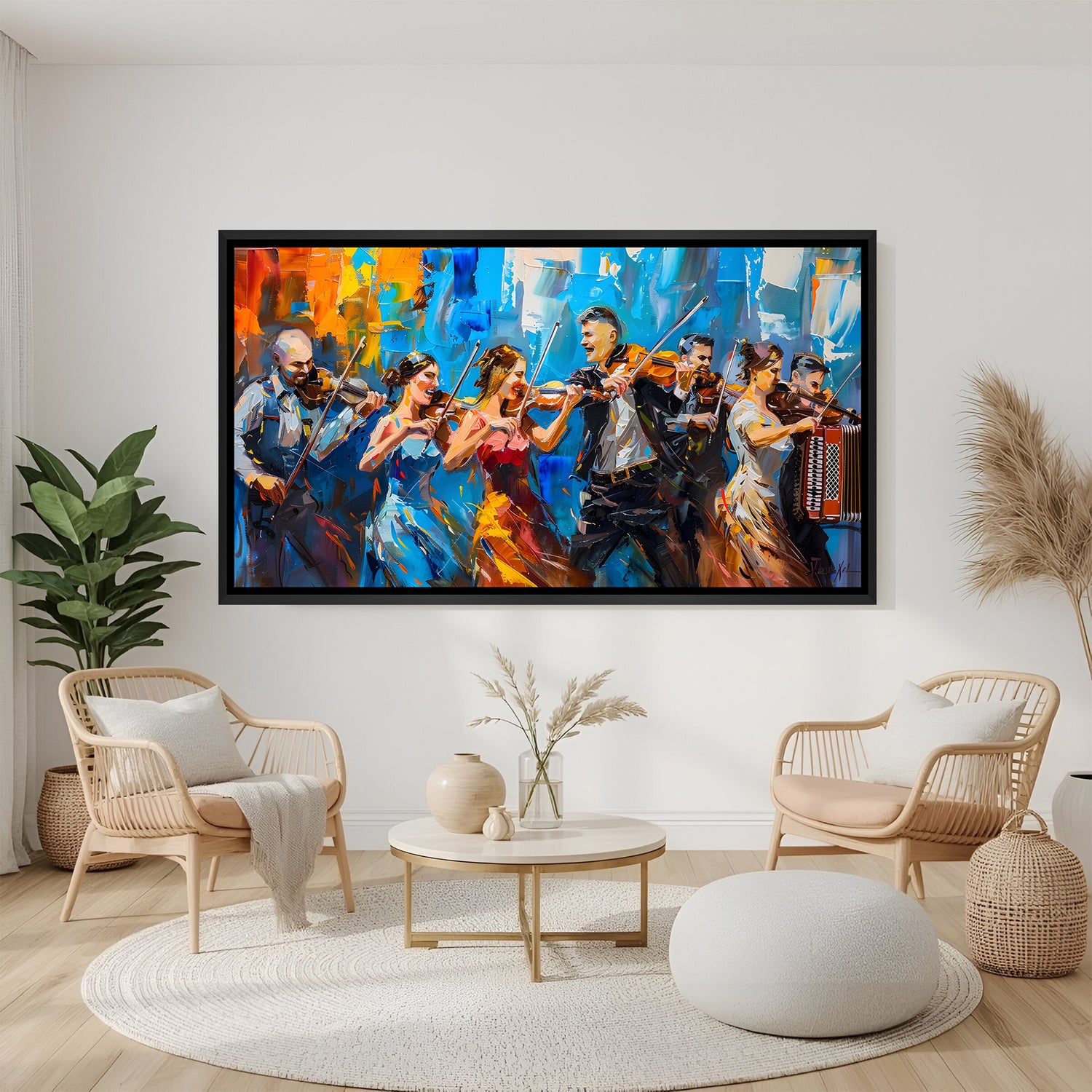 Modern musician group wall art in black floater frame featuring dynamic violinists and bold abstract background.