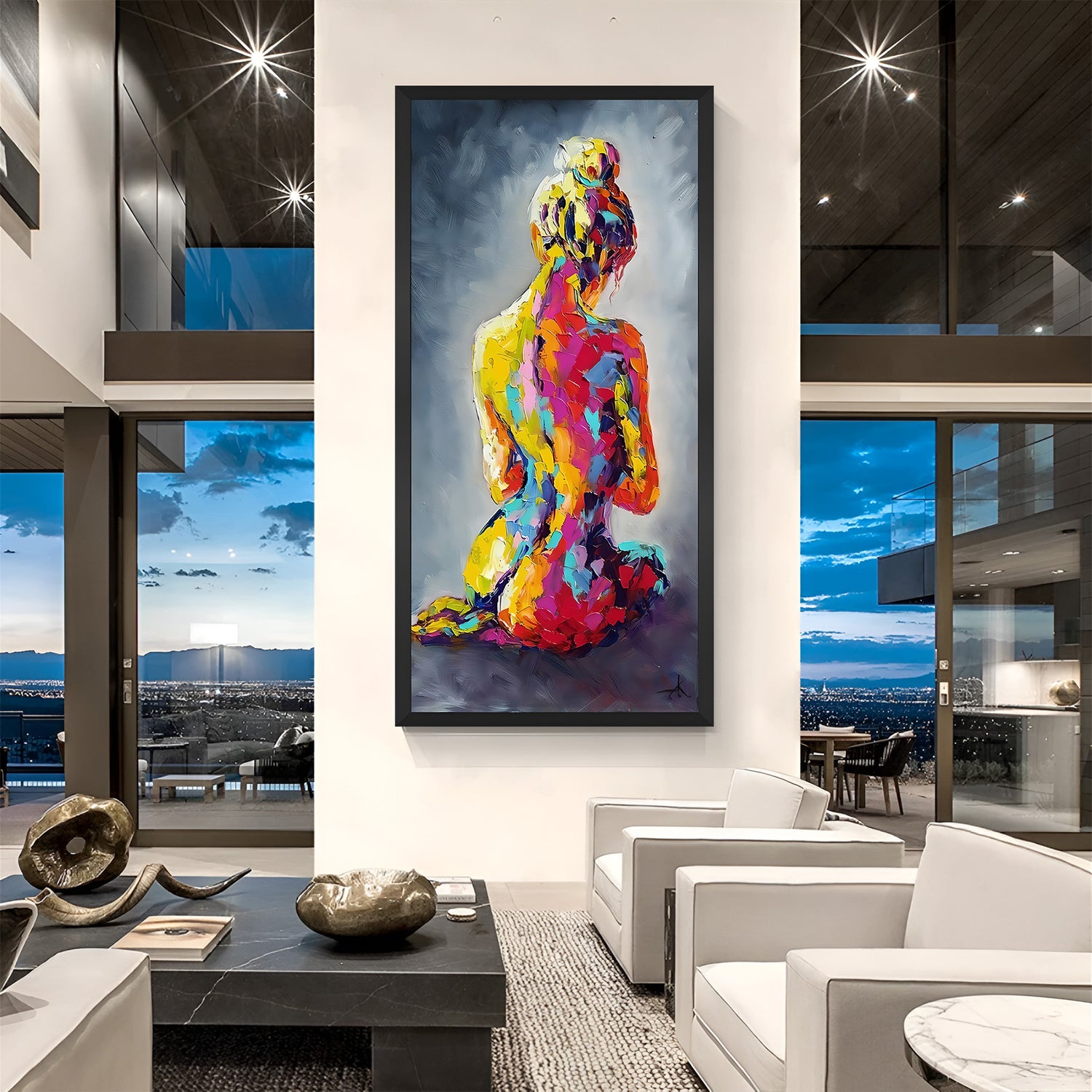 Black-framed canvas showing a colorful back-view of a woman in painted style—bold and graceful modern wall art for bedrooms or chic spaces