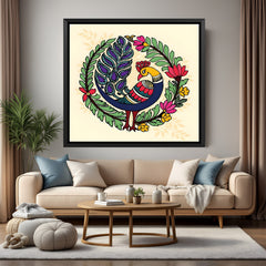 Colorful peacock Kalamkari wall painting in elegant black floater frame for luxury interiors