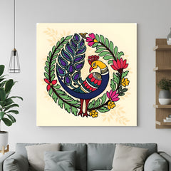 Colorful peacock Kalamkari canvas wall art in premium canvas wrapped frame with vibrant traditional detailing