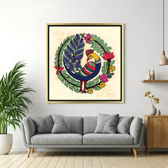 Luxury colorful peacock Kalamkari artwork in golden floater frame with intricate ethnic design