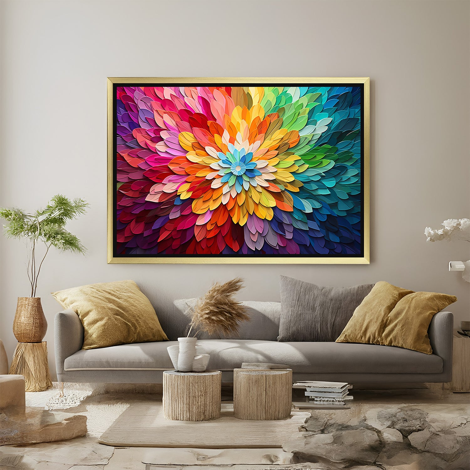 Golden-framed floral modern canvas art featuring colorful petals, perfect for vibrant and luxurious wall decor