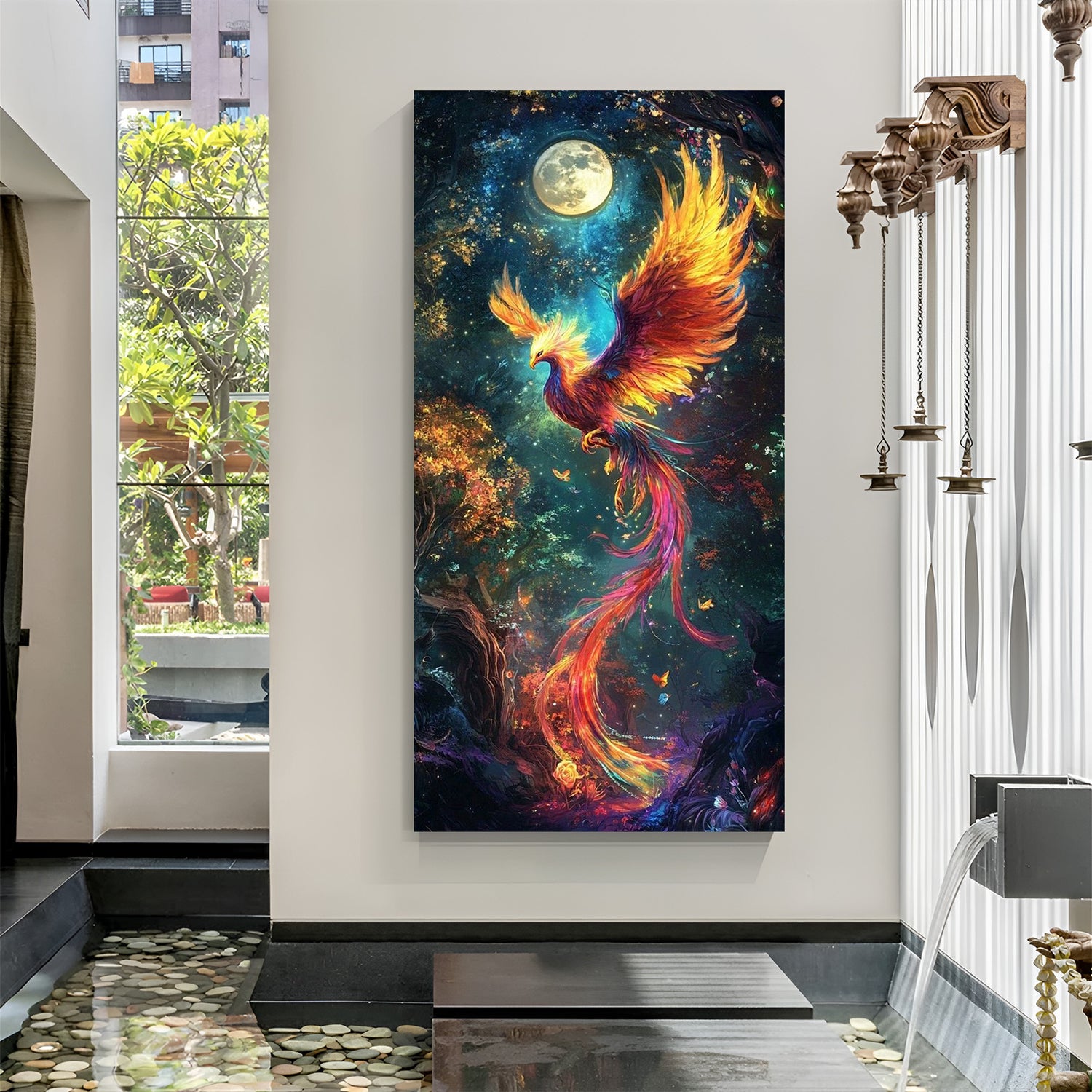 magical colorful phoenix canvas wall art symbolizing rebirth renewal courage and positive vastu energy for home decor