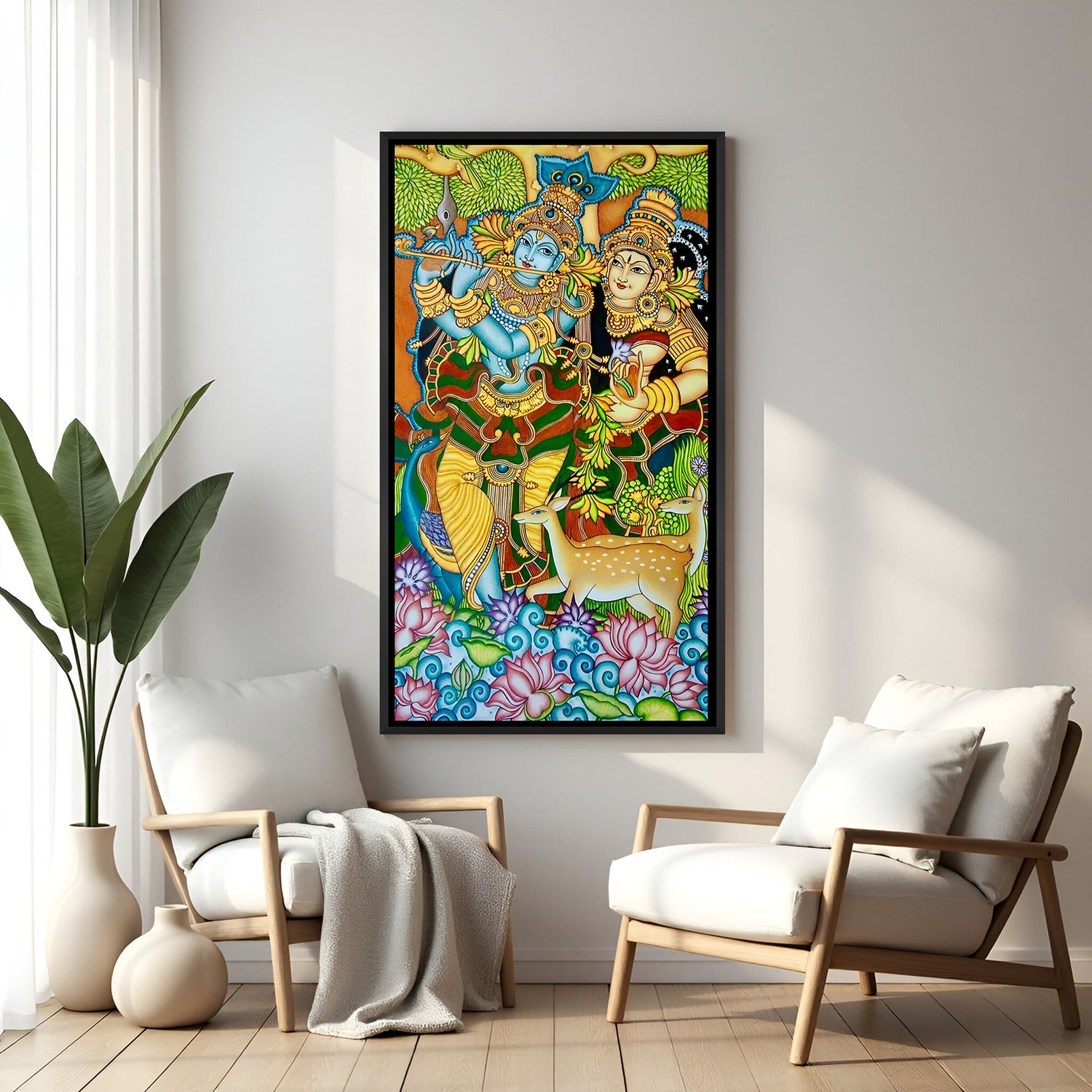 Colorful Radha Krishna Kerala mural wall painting in elegant black floater frame for spiritual interiors