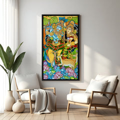 Colorful Radha Krishna Kerala mural wall painting in elegant black floater frame for spiritual interiors