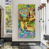 Colorful Radha Krishna Kerala mural canvas wall art in premium canvas wrapped frame with vibrant traditional detailing