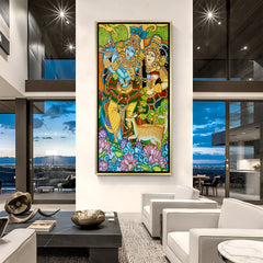 Luxury colorful Radha Krishna Kerala mural artwork in golden floater frame with intricate Indian design