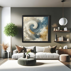 Black floater frame abstract canvas print with swirling colorful spiral design for interiors