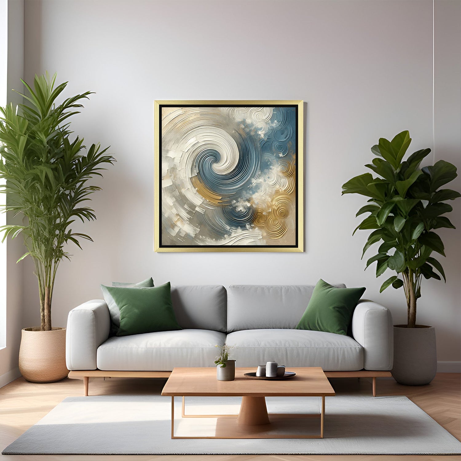Abstract colorful spiral canvas wall art with golden floater frame for contemporary home decor