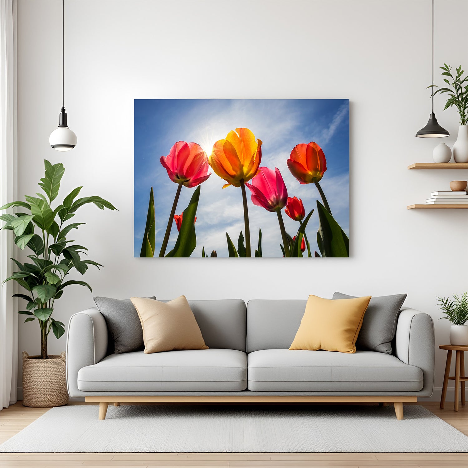 Canvas wall art of tulip flowers captured from a bottom angle, with vibrant colors and sky background, ideal for bright floral-themed home decor
