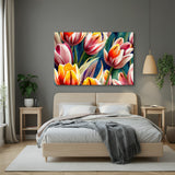 Canvas wall art of colorful tulip flowers in a painted style, perfect for adding joy, color, and elegance to bright interior spaces