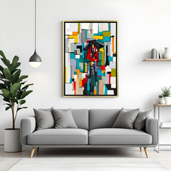 Colorful abstract umbrella canvas art with golden floater frame