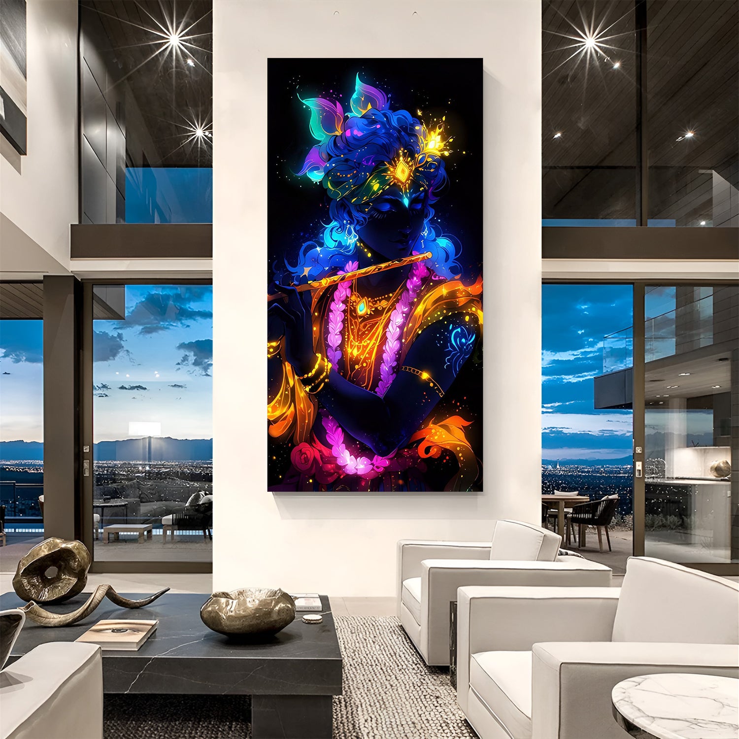 vibrant colorful canvas painting of krishna ji on black background symbolizing love peace and devotion suitable for living room bedroom or prayer space