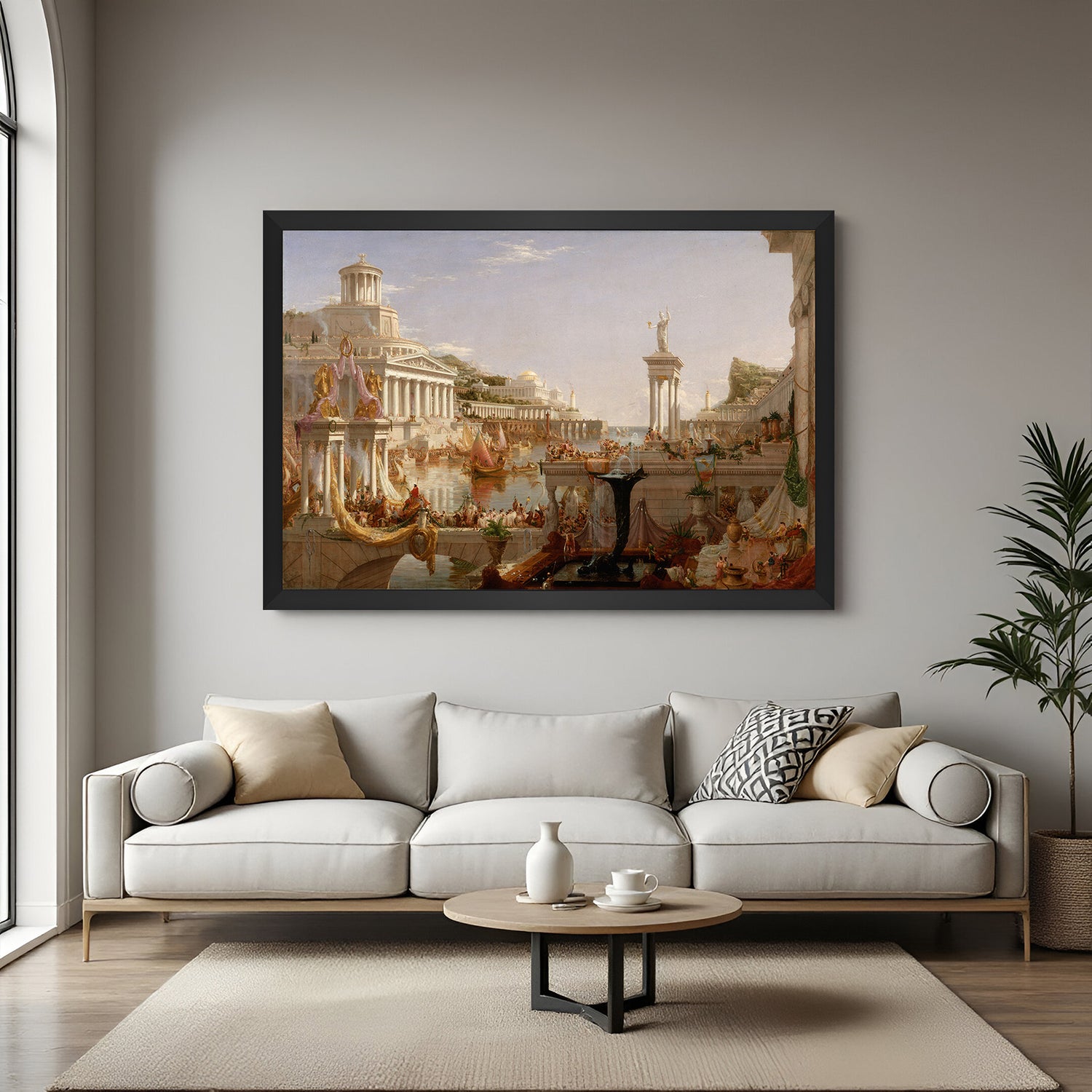 Black-framed canvas print of empire’s peak—vintage Thomas Cole painting in dramatic, classical style