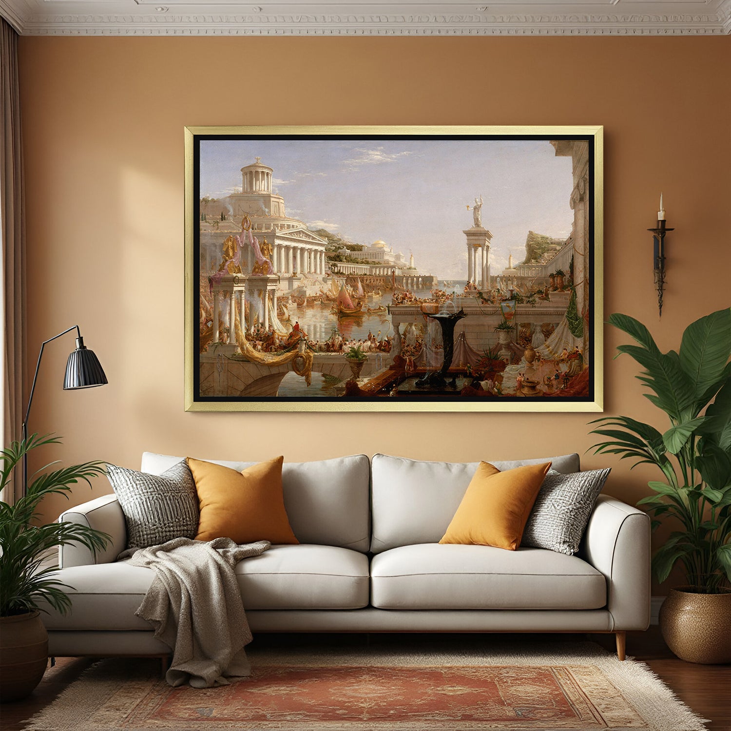 Golden-framed vintage canvas of The Course of Empire – Consummation—imperial classical art for luxury interiors