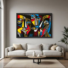 Framed canvas showing African tribal group with modern cool tones and cultural elements, in black floater frame for stylish wall display
