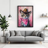 Cute cat wall painting in black floater frame with cool cowboy hat, ideal for playful living rooms, kids' rooms, and unique decor corners