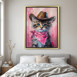 Trendy cat wall art in golden frame, featuring a fun cowboy hat design, great for modern spaces needing a touch of humor and creativity