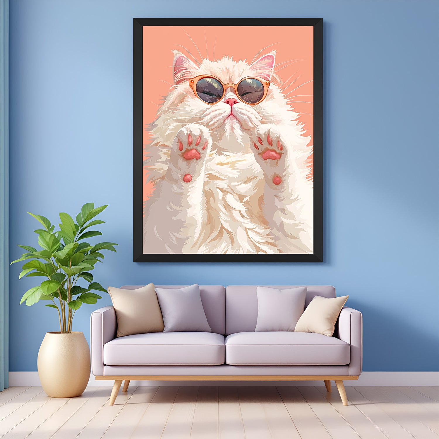 Trendy fluffy cat canvas with sunglasses in black floater frame, ideal for fashionable and fun interior wall spaces