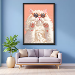 Trendy fluffy cat canvas with sunglasses in black floater frame, ideal for fashionable and fun interior wall spaces