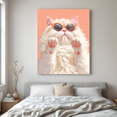 Fluffy cat wearing sunglasses in painted style canvas wall art, perfect for modern, quirky, and stylish home or office decor