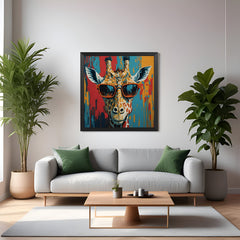 Giraffe with sunglasses printed on canvas in black floater frame, ideal for stylish and creative wall decor