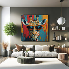Funky giraffe wearing sunglasses in a colorful painted style, perfect canvas wall art for quirky and expressive interior decor